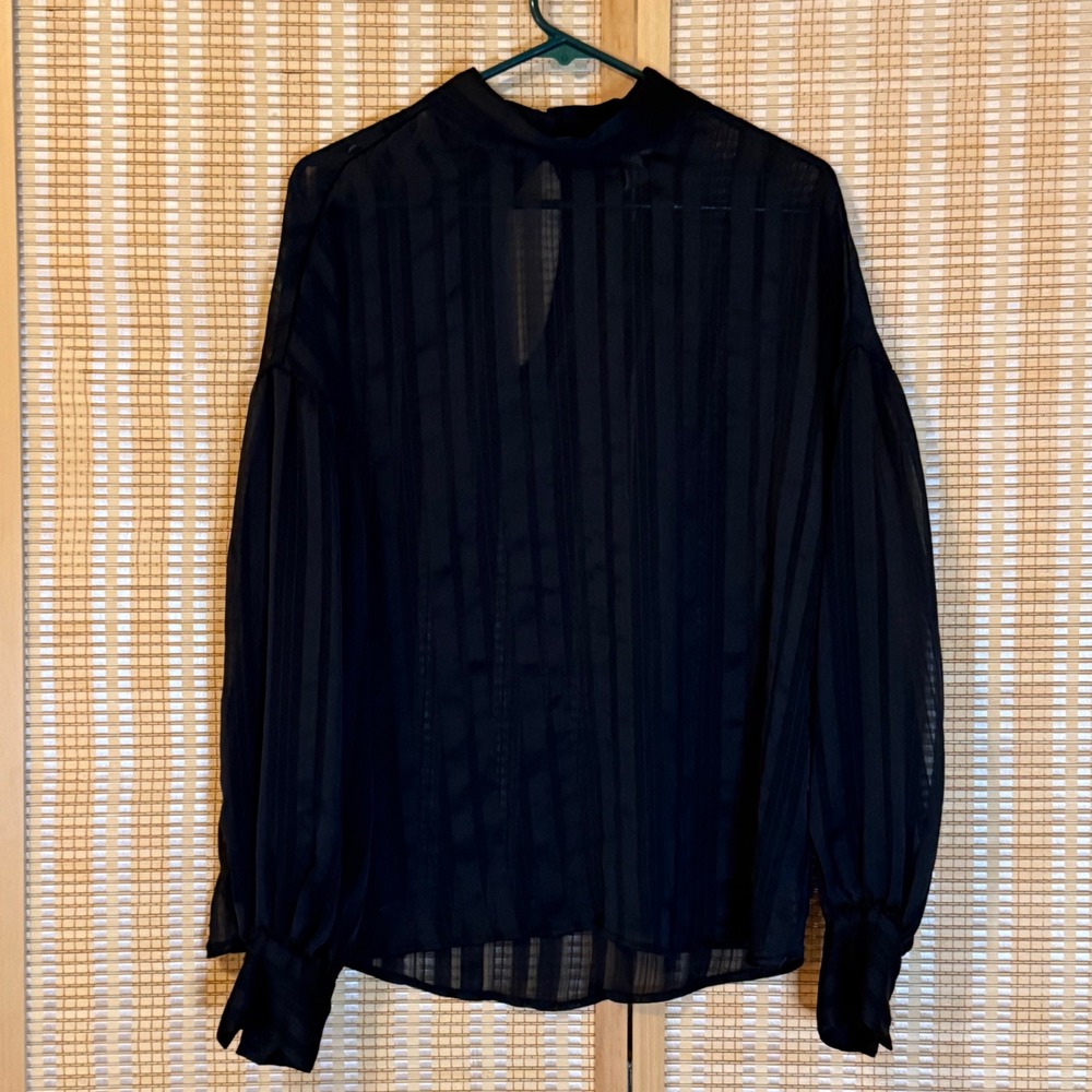 H&M Black Sheer Striped Mock Neck Blouse Puff Sleeve Keyhole Back Size 12 Office